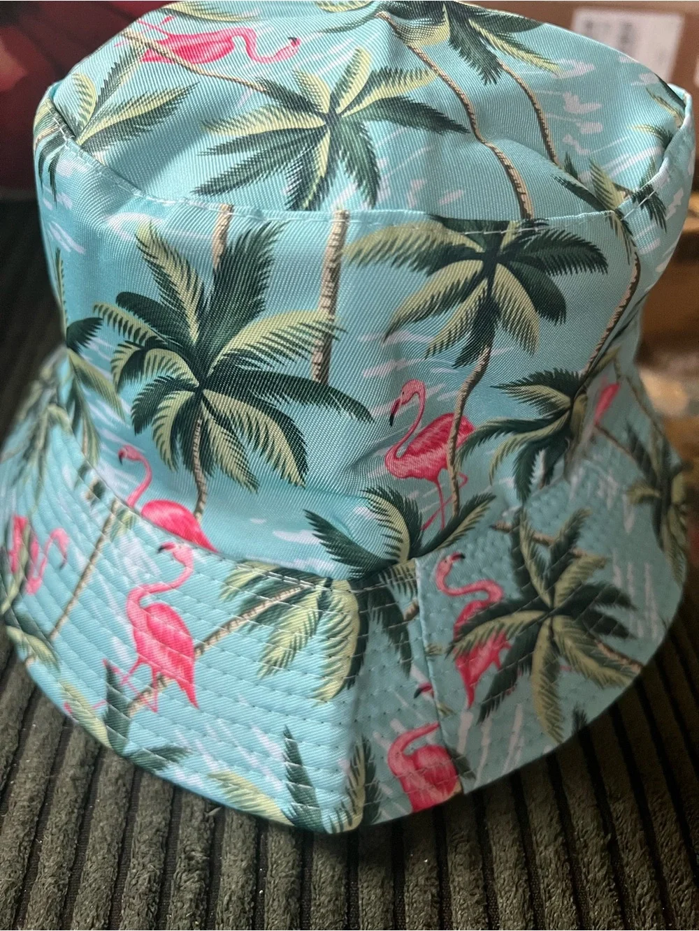 Tropical Flamingo Print Bucket Hat - Aqua Pink with a Reversible feature